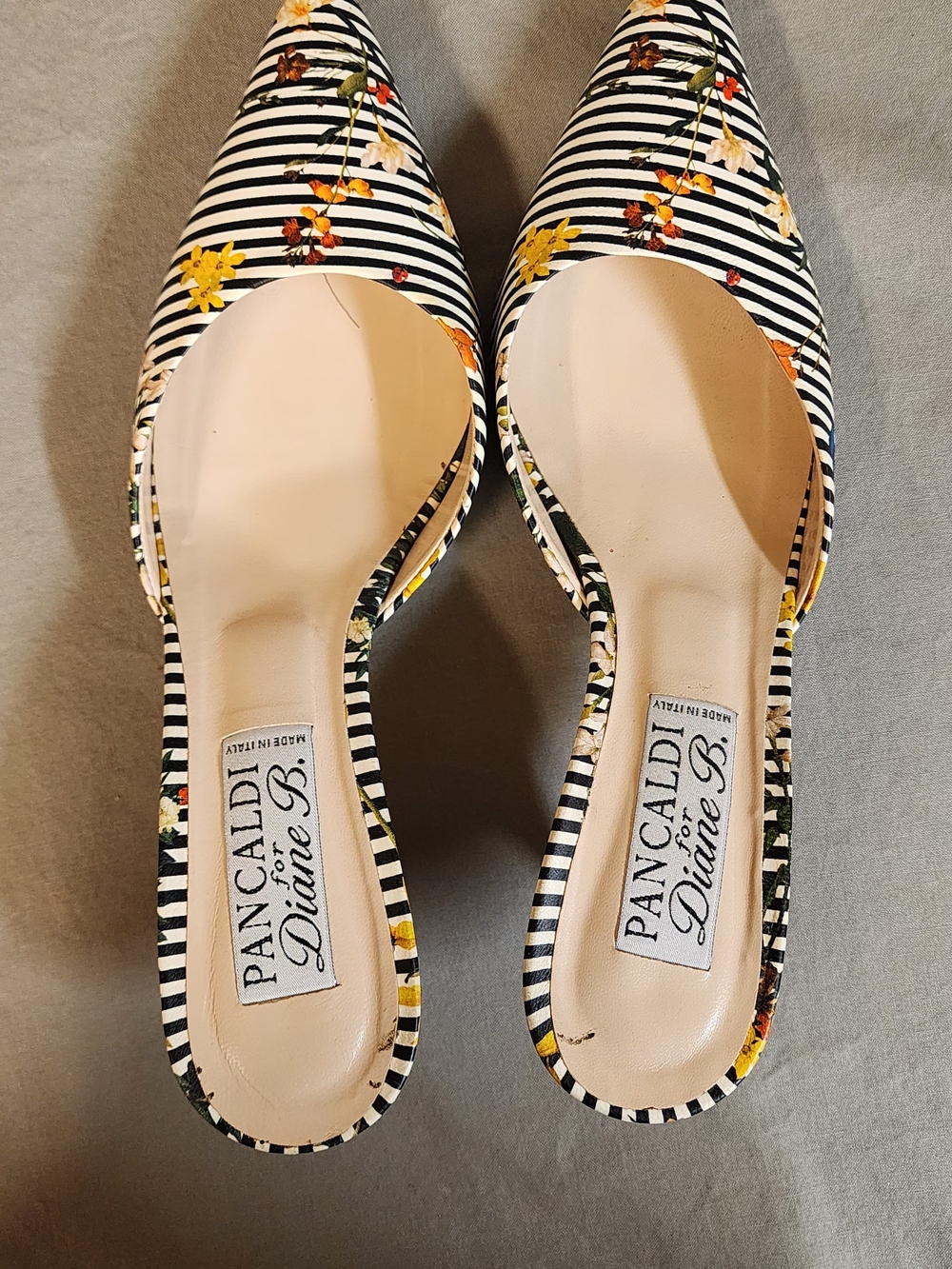 Vero Cuoio Black-and-White Striped Pointed Mules with Yellow Floral Detail
